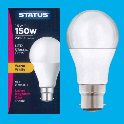 2x 19W (=150W) LED GLS Pearl Bayonet BC B22 Warm White 2700K Light Bulb Lamp