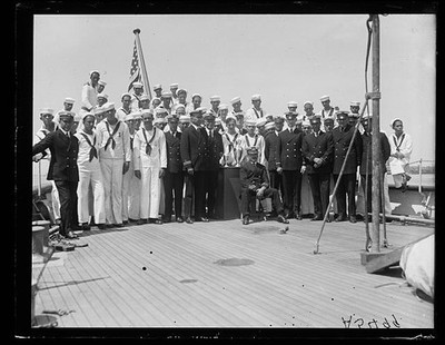 Photo:Navy 1923 Sailors Officers Group Photo on Ship Deck with Flag
