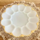 Vintage White Milk Glass Deviled Egg Plate Gold Trim 10" Scalloped Oyster