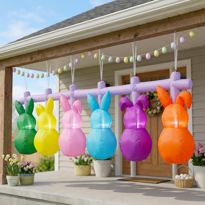 10FT Long Easter Inflatable Bunny Flashing Lights Decorations, Built-In LED Ligh
