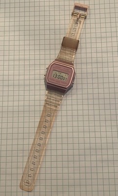 Casio 593 F-91W PINK Pink Face Resin Transparent Strap Digital Sports Watch EUC