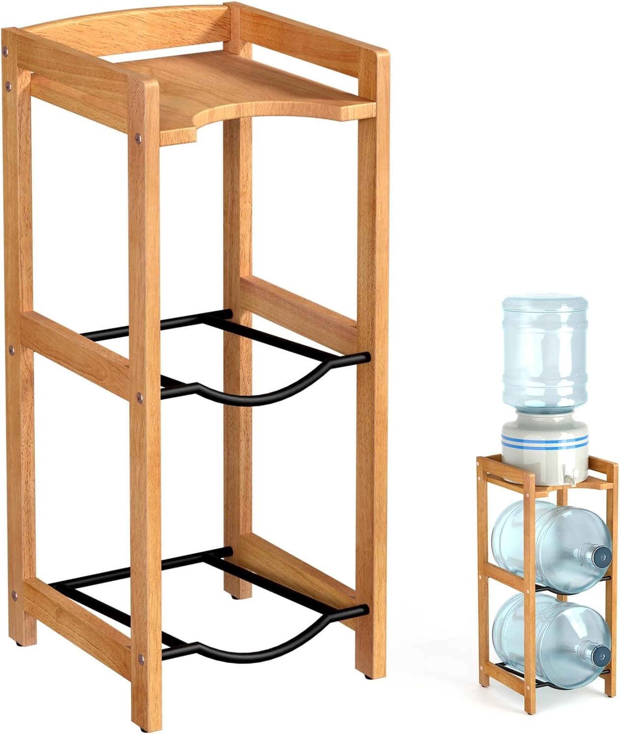 5 Gallon Water Jug Holder with Top Shelves, Natural Solid Wo