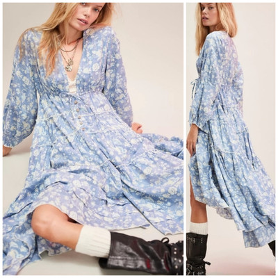 $168 Free People Pappiet Midi Floral Dainty Cottage Dress Bluebell Combo Top ~ L