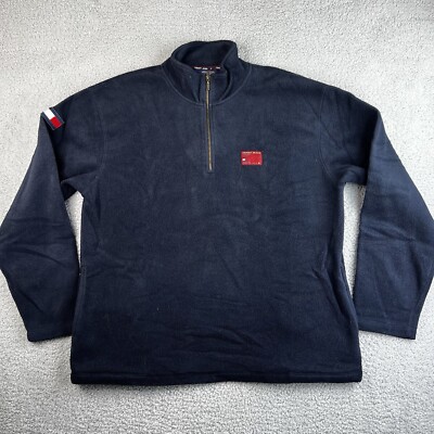 Vintage 90s Mens Tommy Jeans 1/4 Zip Blue Fleece Pullover Sweatshirt XL