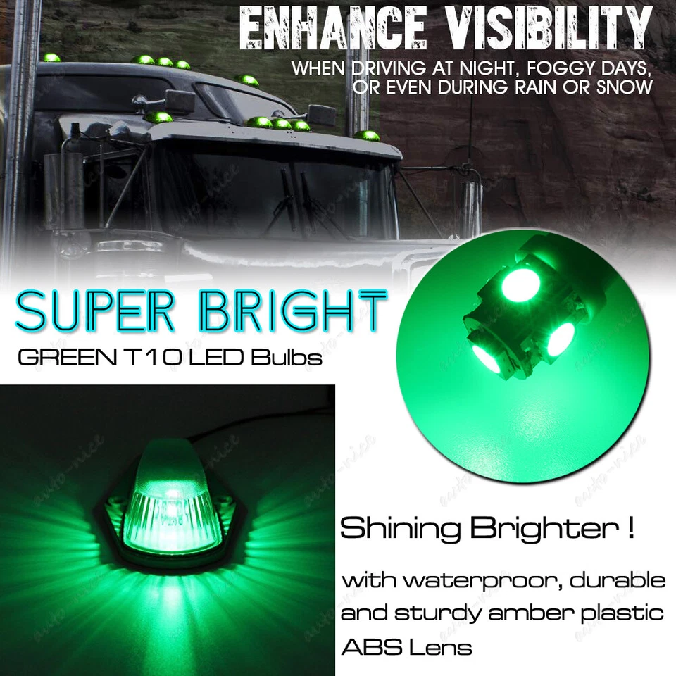 5 Roof Top Cab Marker Light Smoke Lens Cover + Green LED for Ford F350 F250 F150 - Image 3 of 4