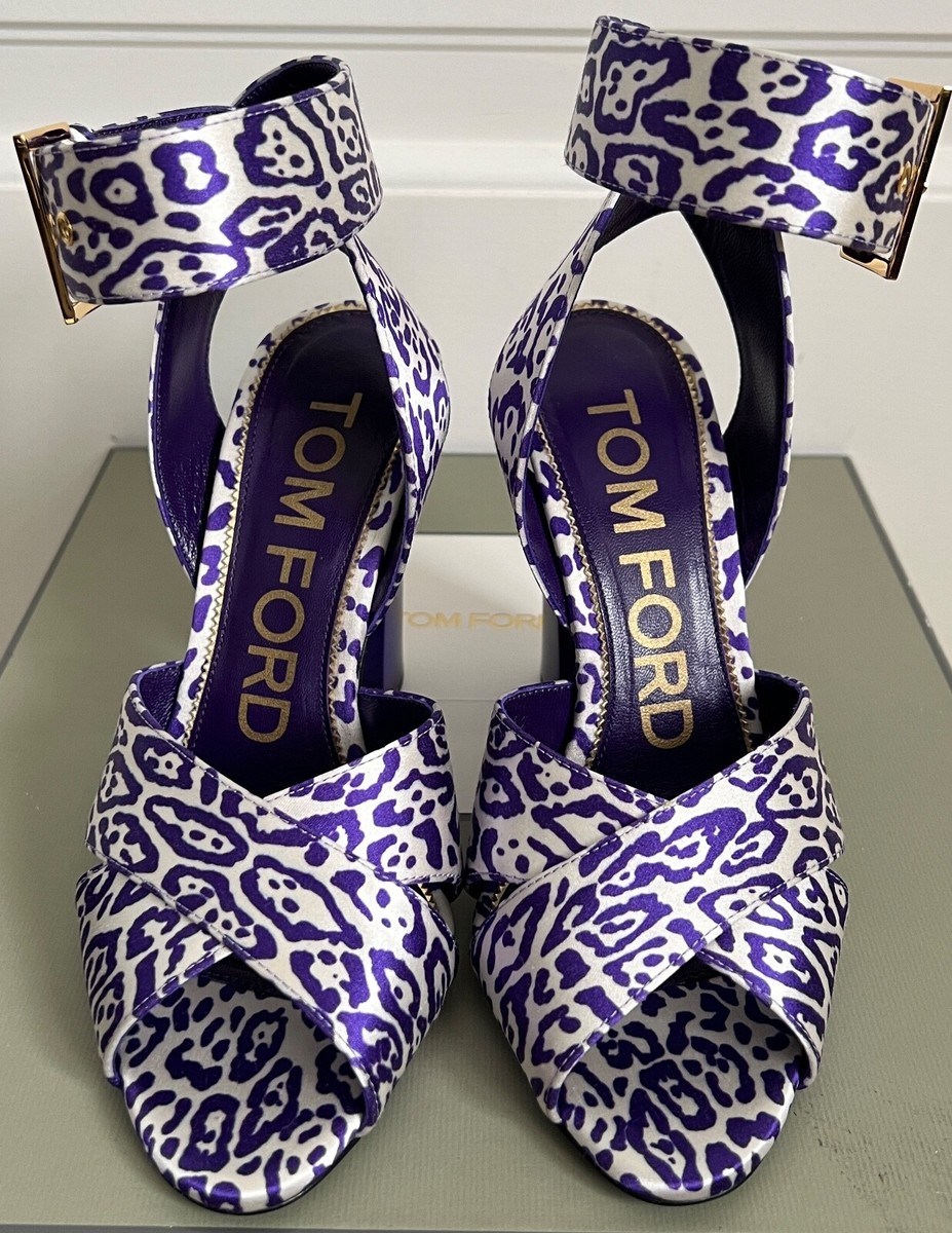 サンダル・ミュール Tom Ford Sandals NIB Tom Ford Purple White Leopard Satin TF Logo Crisscross