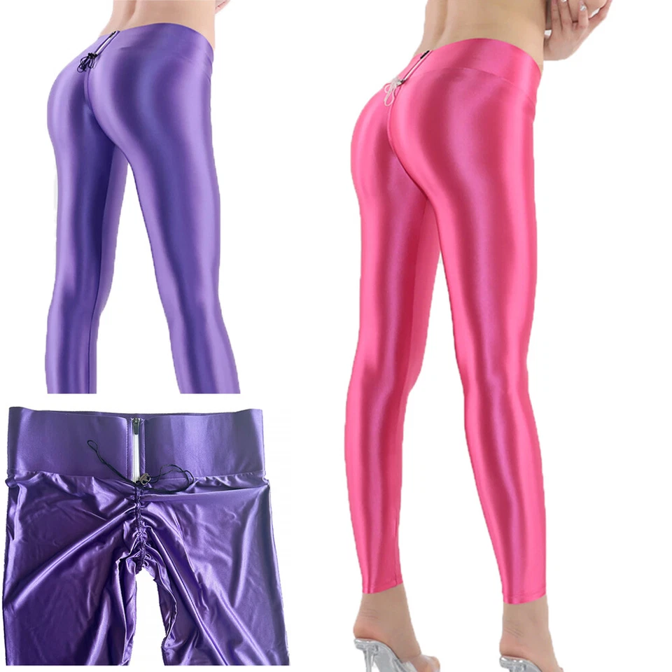 Damen Smooth Glitzer Opaque Leggings Crotch Zipper Yoga Fitness Tights Jeggings - Bild 3 von 4