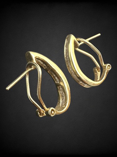 10kt Yellow Gold Diamond Baguette Earrings Half Hoop Omega Backs Channel Set - Picture 13 of 14
