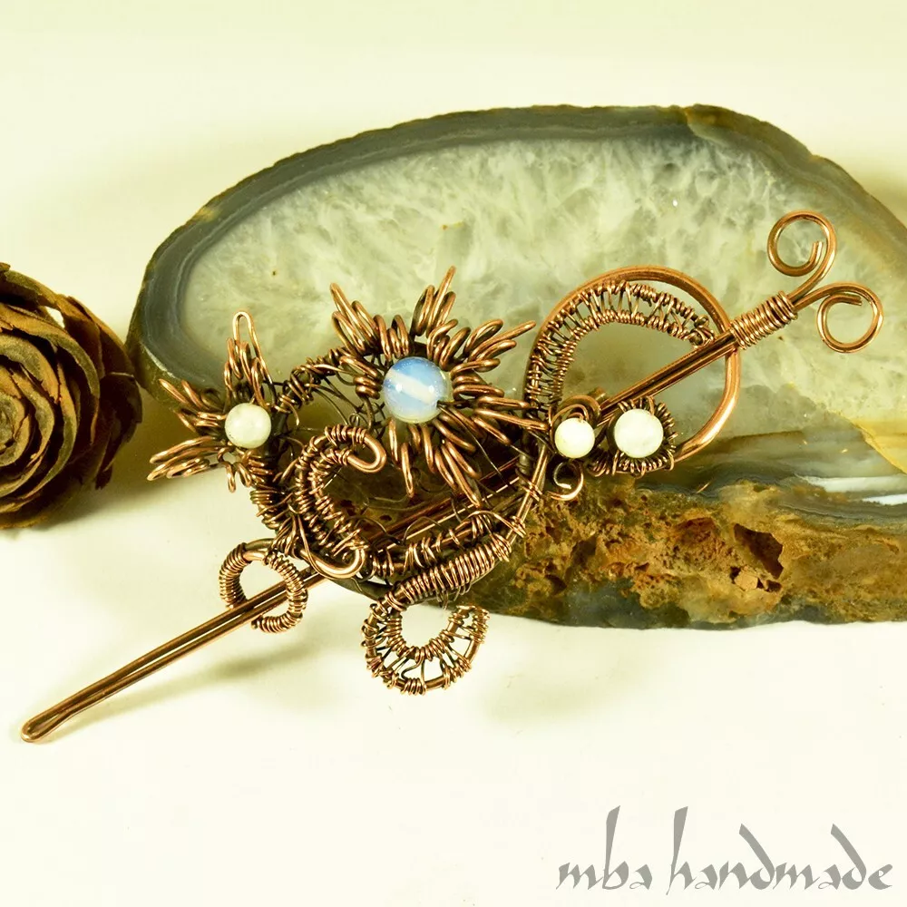 Opalite & Moonstone Hair Barrette Copper Shawl Pin Celtic Scarf