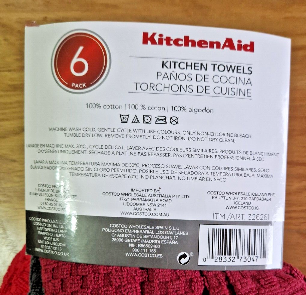 KitchenAid Kitchen Tea Towels 6 Pack (3 Colours Red etc.) Kitchen