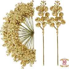 30Pcs Christmas Glitter Berries Stems Artificial Red Berry Branches Holly Picks