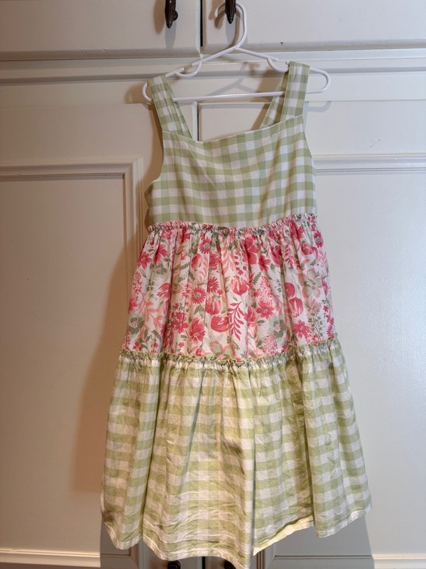 Rachel Zoe Tiered Floral Check Pink Green Sleeveless Cottage Core Dress Girls 7