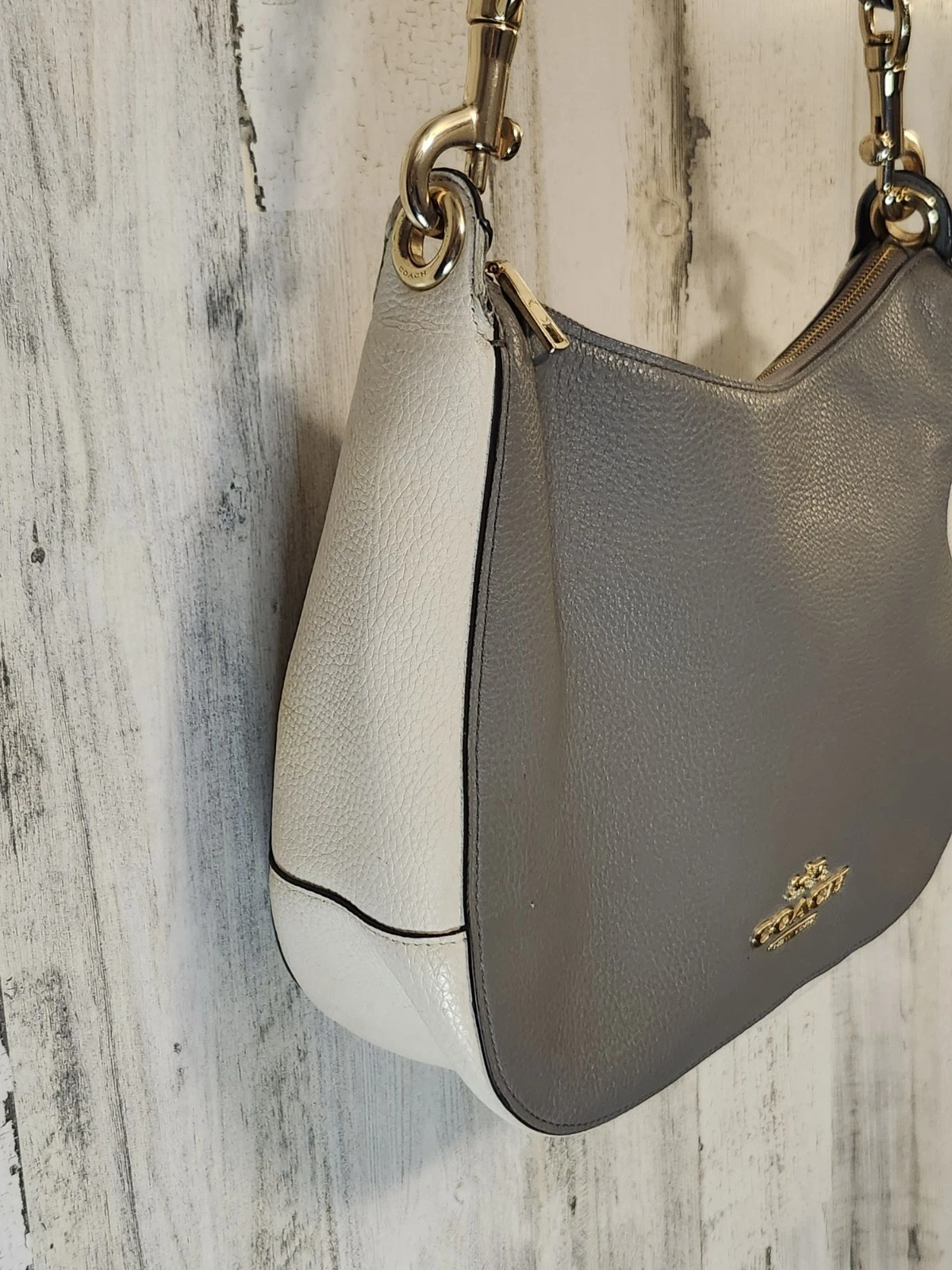 Borsa a tracolla Coach F76697 Jes Colorblock Hobo Heather grigio bianco pelle ciottolata