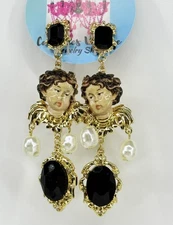 Vtg Baroque Rococo Revival Cherub Angel Enamel Dangle Earrings New