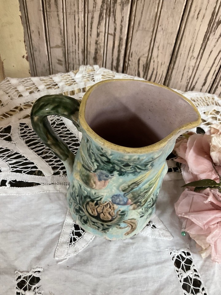 Antique Majolica pitcher birds blue background 1880s Garden cottage ...