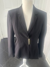 Calvin Klein Black Blazer Size 6 Gold Logo Bar Snap Closure Tailored Stretch