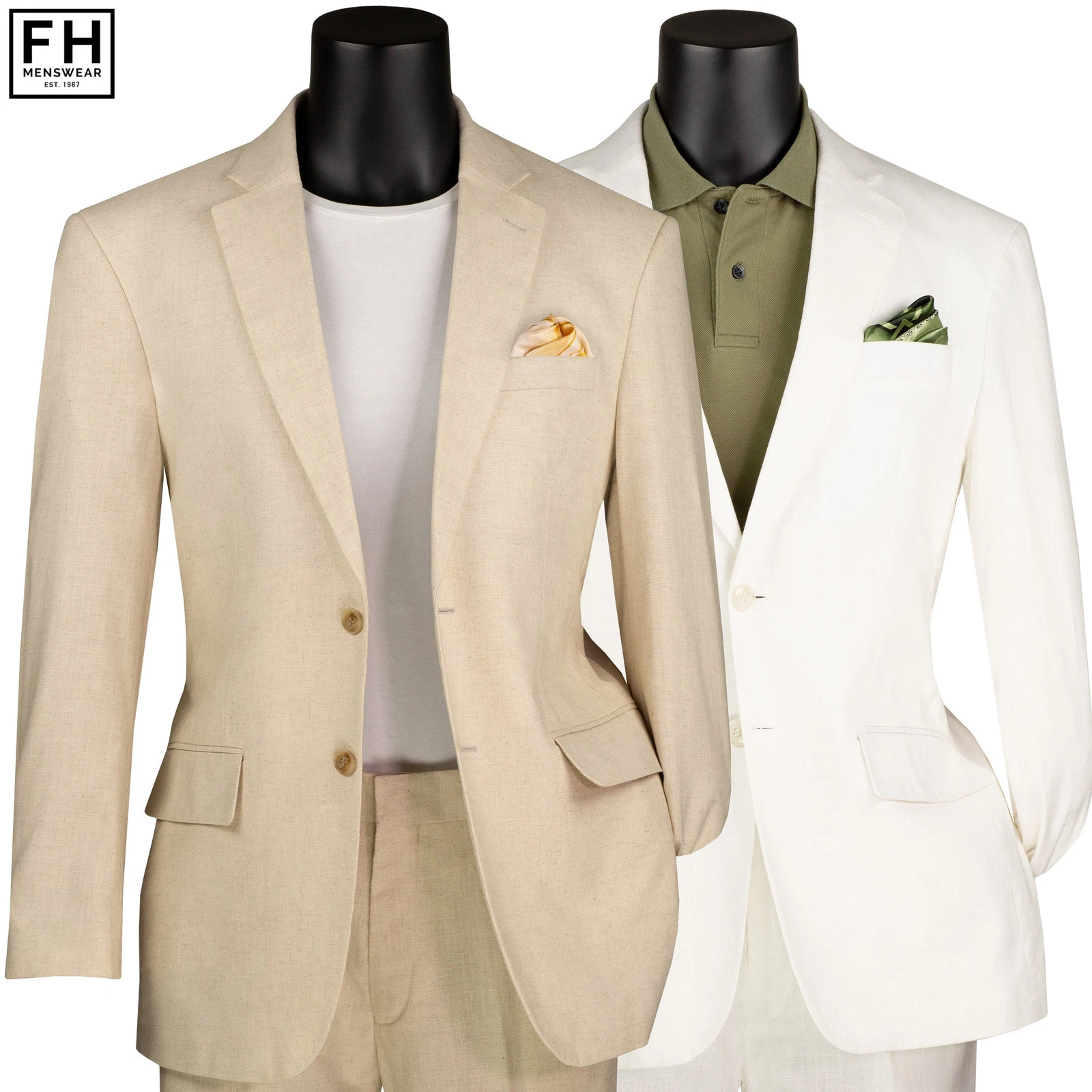 VINCI Men's Linen 2-Button Modern Fit Summer Suit - 38S-56L, 2 Colors - NEW