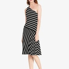 LAUREN RALPH LAUREN Women’s BLACK & WHITE STRIPED ONE SHOULDER DRESS EUC