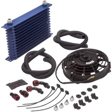 AN10 Universal 13 Row Engine Trust Oil Cooler & 7" Electric Fan Kit Blue new