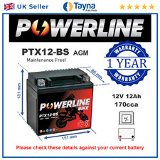 PTX12-BS Powerline AGM Motorcycle Battery 12V 12Ah Replaces YTX12-BS