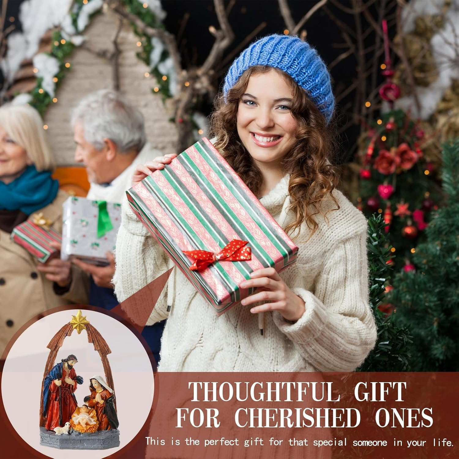 Red Gold Holy Family Nativity Figurine Handcrafted Resin Angel Lamb Set NEW