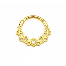 14K Solid Gold Honeycomb CZ Septum Ring Clicker Nose Hoop Piercing Jewelry Gift