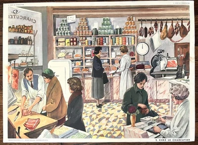 🐷 Ancienne affiche scolaire Rossignol, 1950 - 5,6 Le charcutier / Salle de bain - Photo 1/4