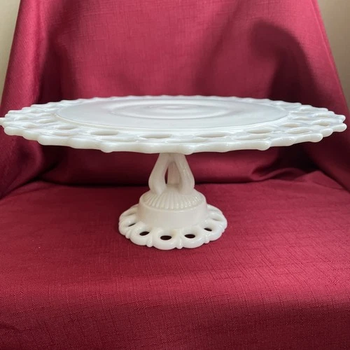 Vintage Milk Glass Cake Stand Doric Lace Edge Westmoreland Glass