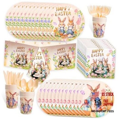 HOWAF 93pcs Retro Easter Tableware Set, Happy Easter Paper Plates and Napkins