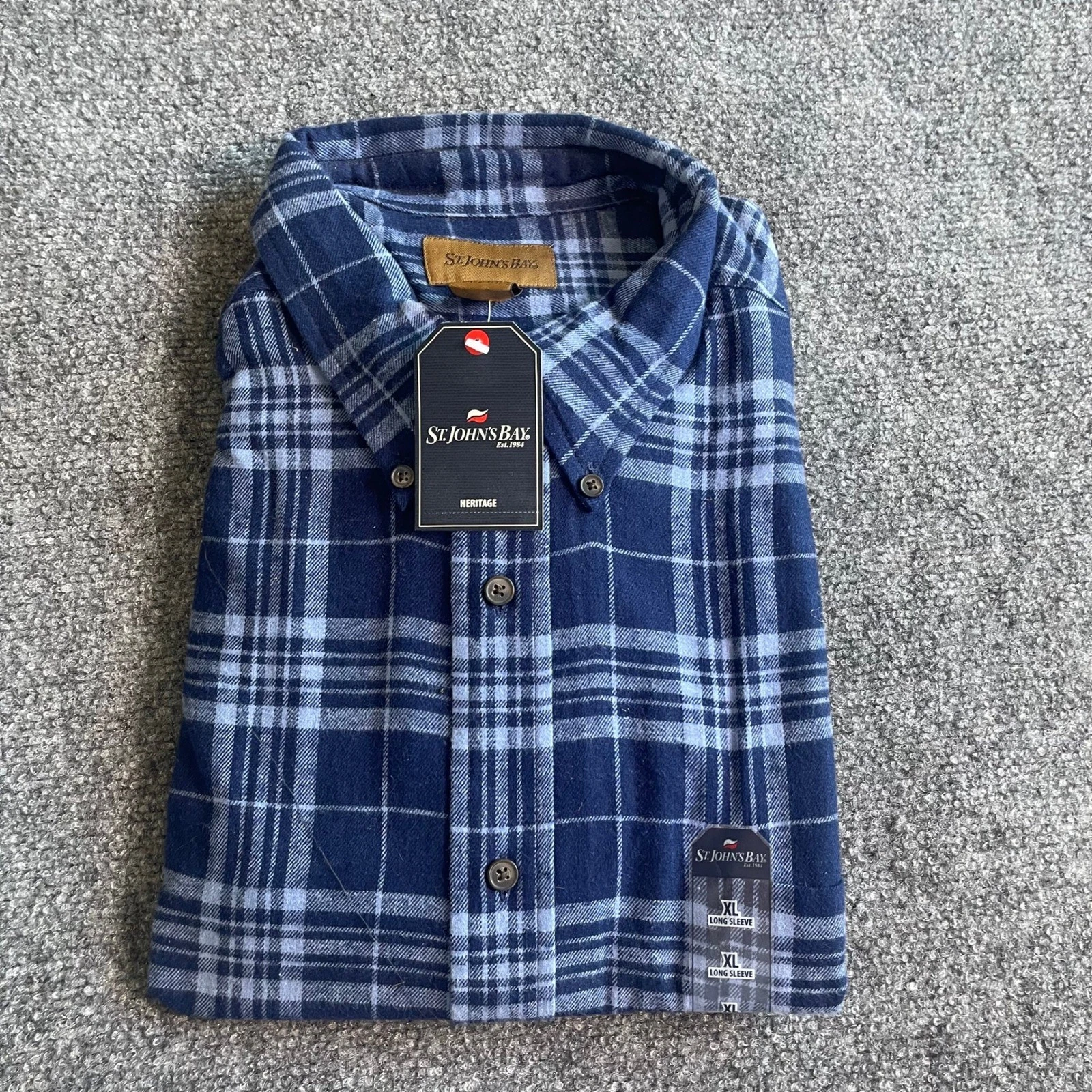 St Johns Bay Heritage Flannel Shirt Mens XL Navy Tonal Window Plaid Long Sleeve