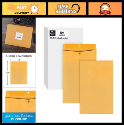 Oversized Clasp Envelopes 12x15.5'' - Gummed Closure, 32 lb Kraft Paper, 100 Pack