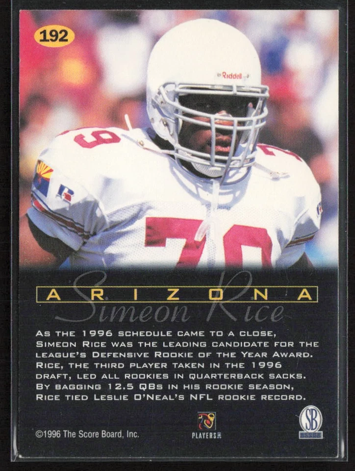 1996-97 Score Board All Sport PPF Simeon Rice #192 Arizona Cardinals - Image 2 of 2