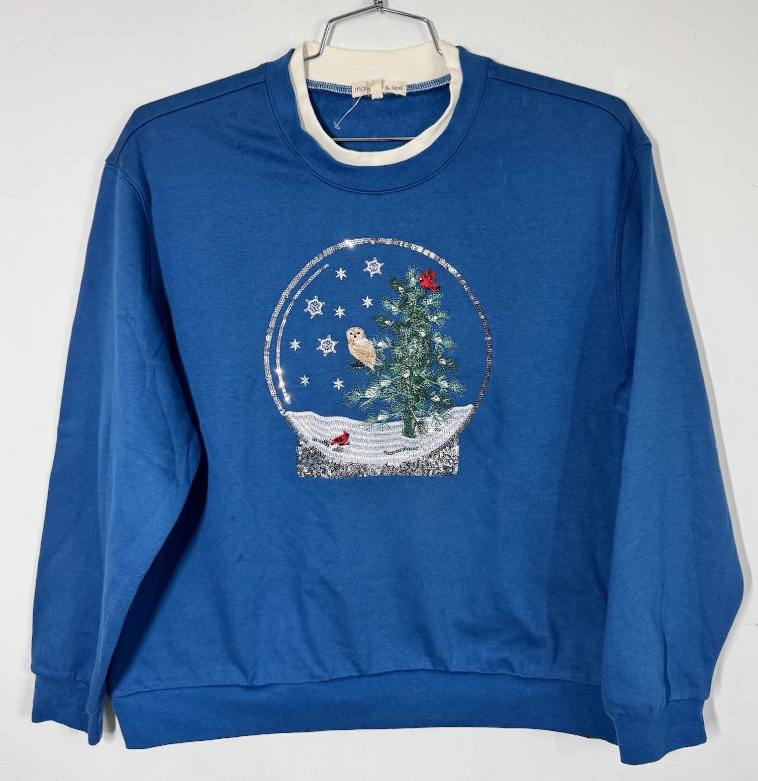 Margaux & Lexi Christmas Snow Globe Pullover Sweatshirt Blue Size XL Cardinal