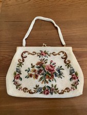 VTG 60s Glass Beaded Evening Bag Purse Embroidered Petit Point Needlepoint T10