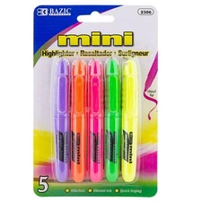 Bazic Mini Fluorescent Highlighters Assorted Colors 5/Pk School Office Church