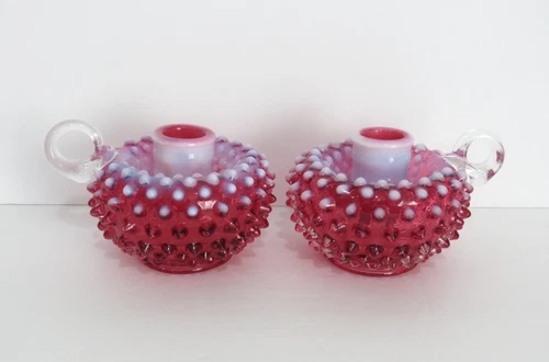 Fenton Cranberry Opalescent Hobnail Candle Holders Pair