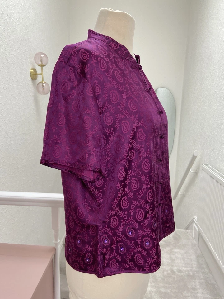 Vintage Monsoon Size 16 Paisley Silk Top Embroidered Sequin Magenta Blouse - Image 2 of 4