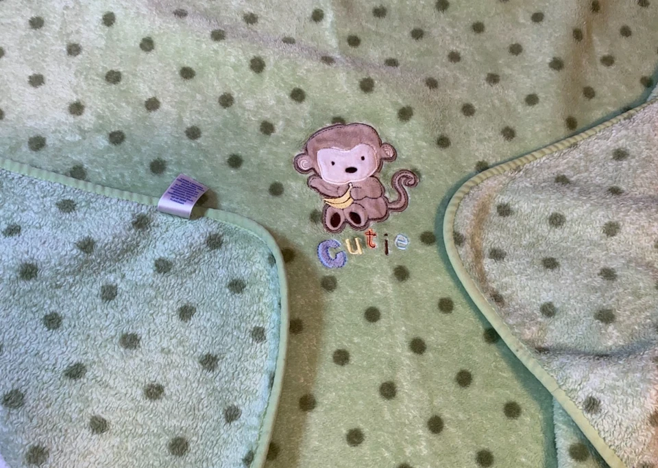 N1 !WOW! Carter's Green Polka Dot MONKEY Cutie Plush Baby Crib Blanket - Image 4 of 4