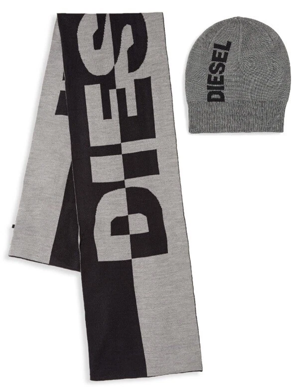 Nuevo con etiquetas Diesel Texto Negrito LOGO Sombrero Tejido y Bufanda Reversible Foto 3 de 4
