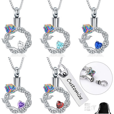 Rose Floral Hoop Crystal Heart Urn Pendant Memory Necklace for Ashes Jewelry