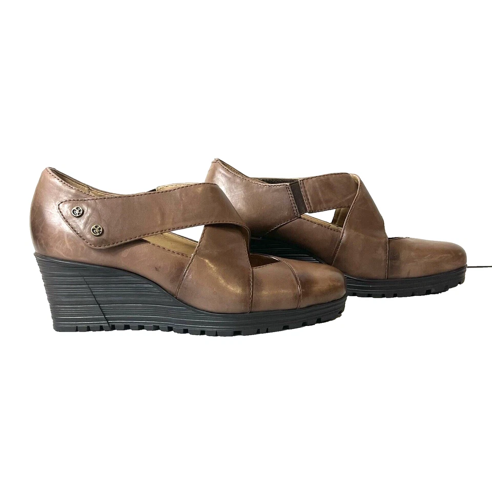 Zapato Earth Mujer Talla 7.5B Cuña Tacones Altos A Presión Bomba Entrecruzado Cuero Marrón Foto 4 de 4
