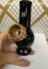 Vintage Black With Gold Leaf Mini Bong Ceramic 70’s Wood Bowl