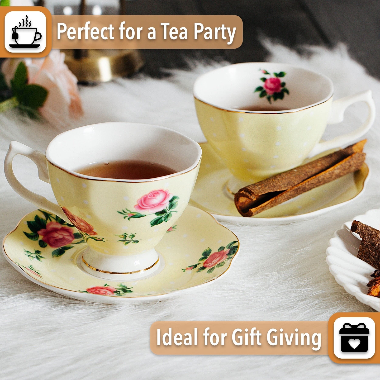 BTaT- Floral Tea Cups and Saucers Set of 2 8oz with Gold Trim and Gift Box Co...
