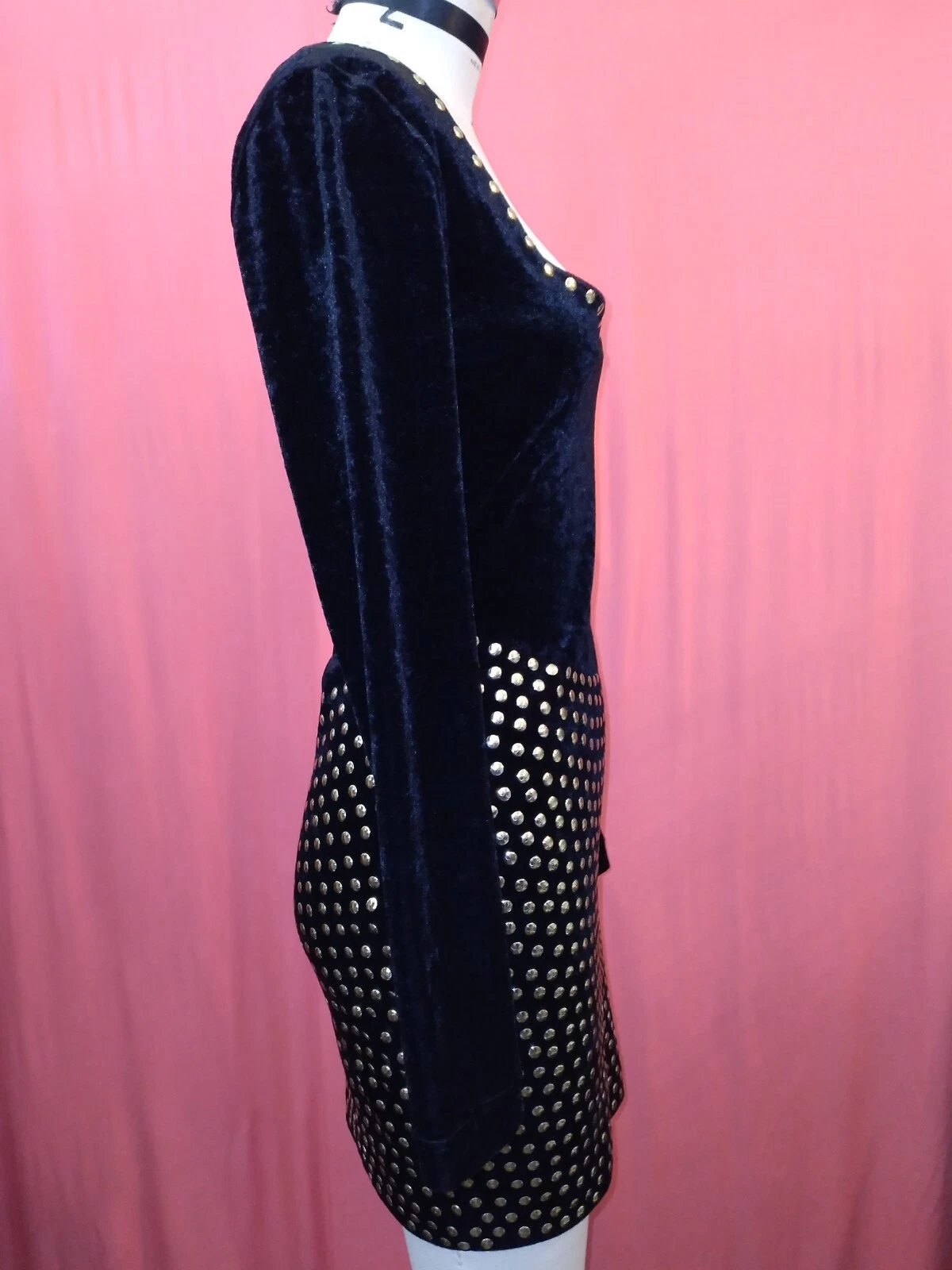 Mini abito vintage anni 80 90 MOSCHINO economico chic velluto borchie oro body con M