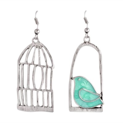  Bird Birdcage Cage Dangle Earrings Silver Blue Aqua NEW