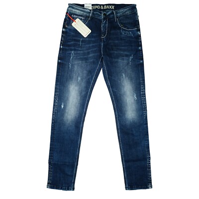 Cipo & Baxx Men Jeans Pants Slim Stretch Destroyed W30 L32 Blue Used Look New
