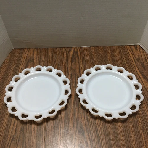 Vintage Anchor Hocking 8” Milk Glass Cake Plate Open Heart Lace Edges Lot of 2