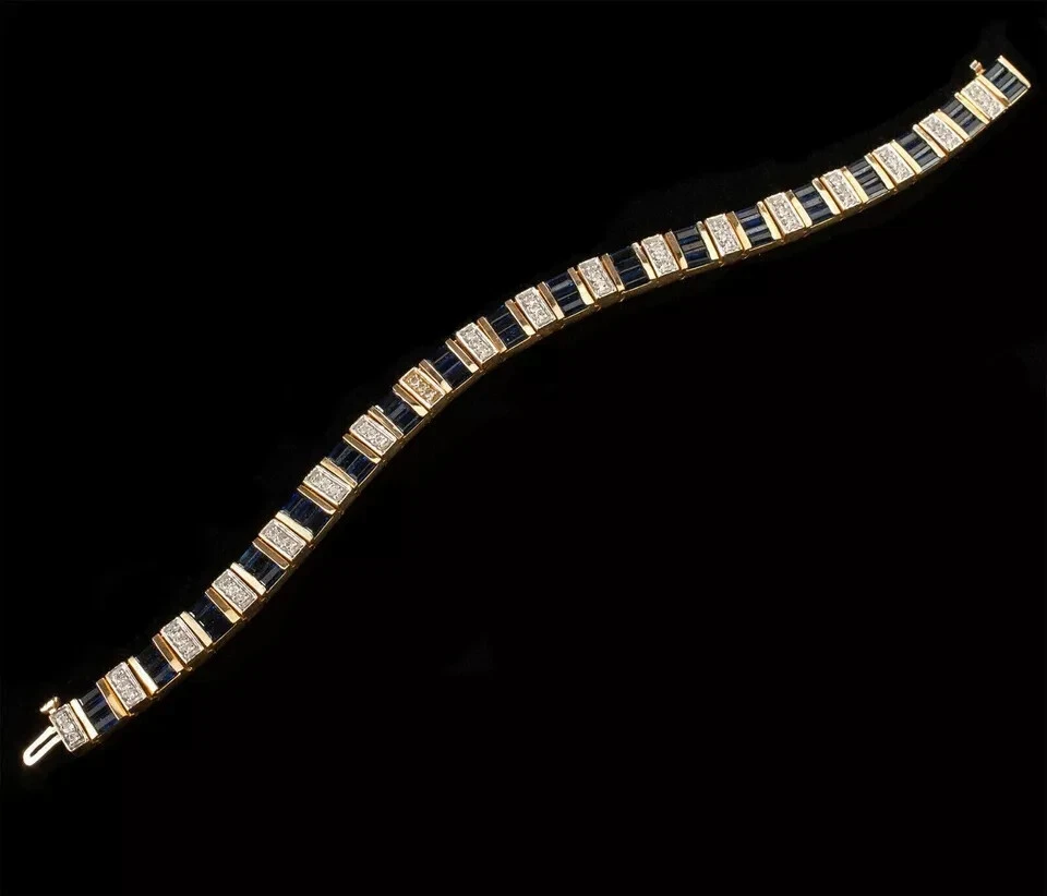 Brazalete Tenis Fila Zafiro Azul Simulado Baguette 8Ct Chapado en Oro Amarillo 14K Foto 3 de 4