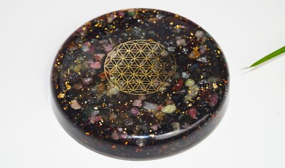 Orgonit Energieplatte XL bunter Turmalin Blume des Lebens Gold 24k