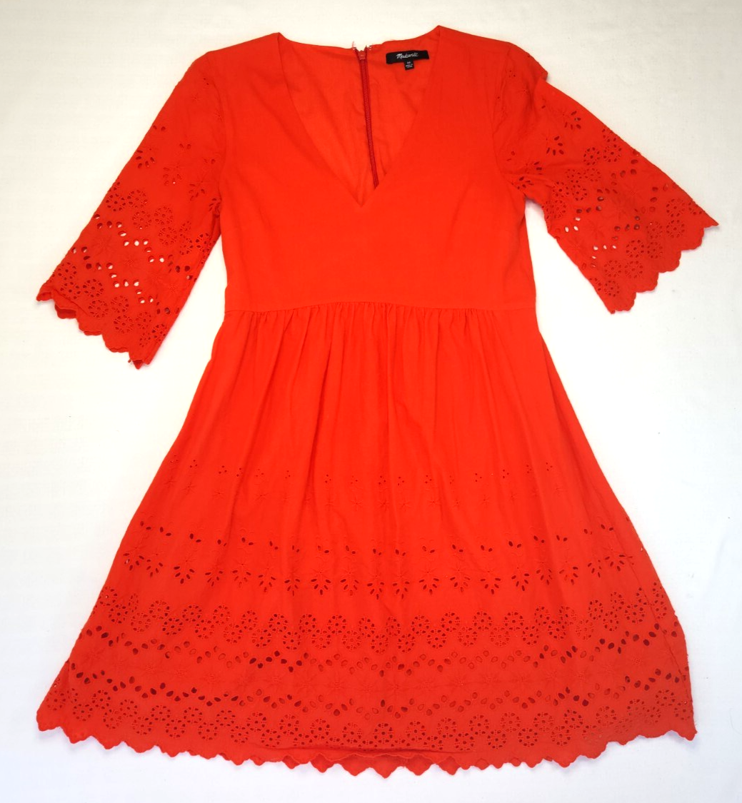 Madewell eyelet lattice V neck 3/4 sleeve A line lined mini dress red Sz 00  | eBay